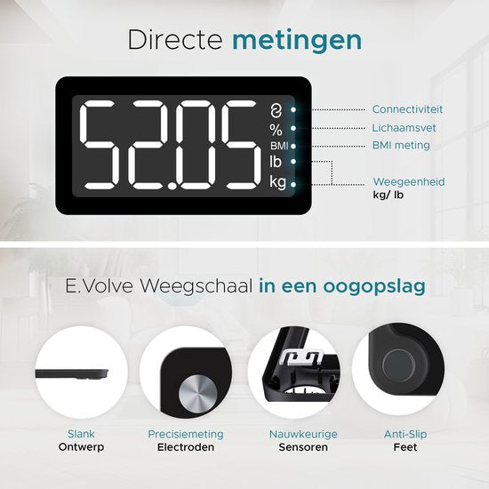 e.volve Waage Personenwaage Digital - 20x - Schwarz - Intelligente Waage mit Körperanalyse - Präzisionswaage - Waage - Digitalwaage - Inkl.