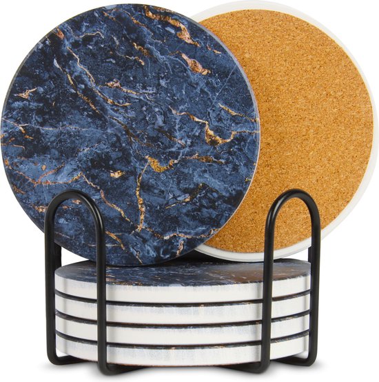 Castagnola Keramik Untersetzer mit Halter - Untersetzer für Gläser - Untersetzer Design - Untersetzer Set - Untersetzer zum Trinken - Keramik - Kork - 6er Set - Blau/Gold