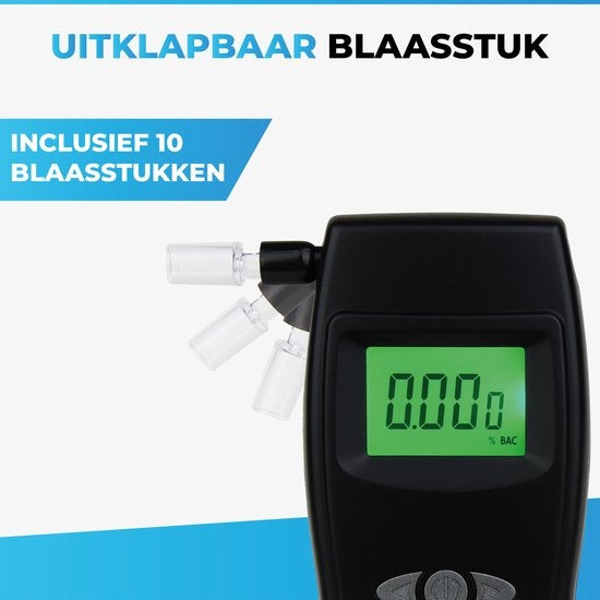 TIKKENSÂ® Digitaler Alkoholtester - Geeignet für Frankreich, Niederlande, Belgien, ... - Alkoholtest - USB Wiederaufladbar - Alkoholtester - 10 Extra Mundstücke - Schwarz