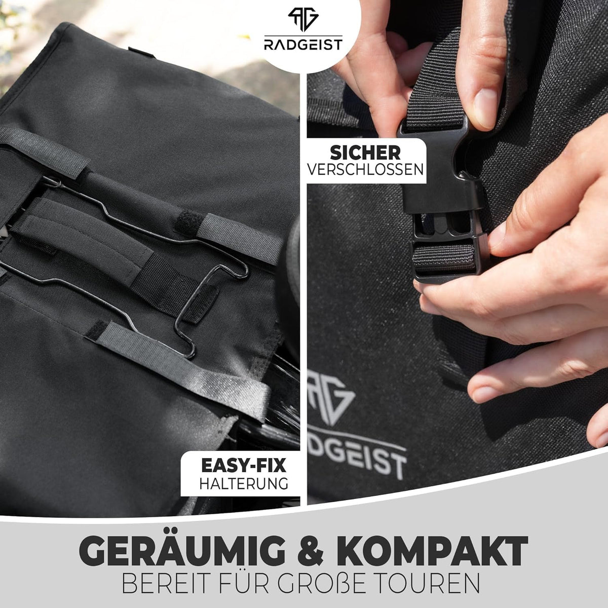 RADGEIST Doppel-Fahrradtasche I Doppel-Fahrradtasche für Gepäckträger 30L I Einfache Befestigung, Doppel-Fahrradtasche schwarz