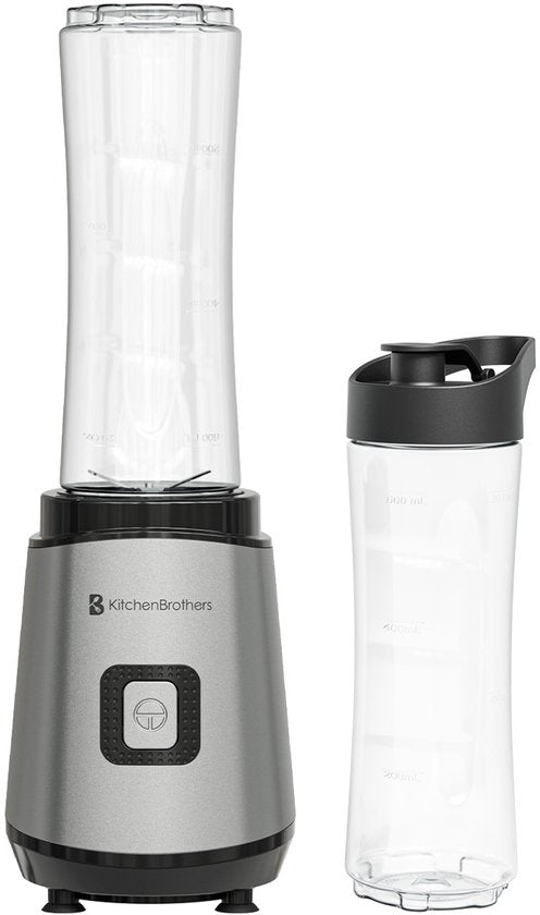 KitchenBrothers Mini Blender - Mixer zum Mitnehmen - Smoothie Maker - 2 To-Go Becher 600 ml - Edelstahl