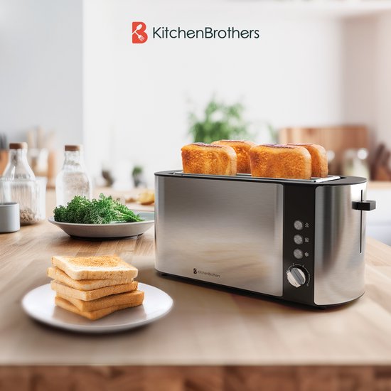 KitchenBrothers Toaster - Toaster - 6 Heizstufen - 2 extra lange Schlitze - 1520W - Edelstahl/Schwarz