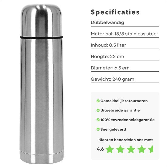Thermosflasche – Thermosbecher – Isolierkanne – Doppelwandig – 0,5 Liter – Edelstahl – Für heiße und kalte Getränke – Inklusive E-Book