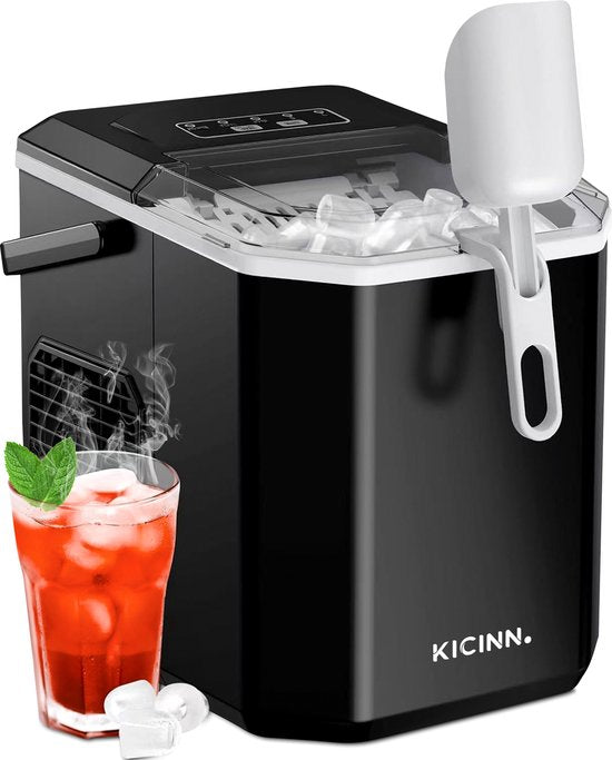 Kicinn Eiswürfelmaschine - Eiswürfelmaschine - Eiswürfelbereiter - Eisportionierer - 12kg/24h - Selbstreinigungsfunktion - Schwarz