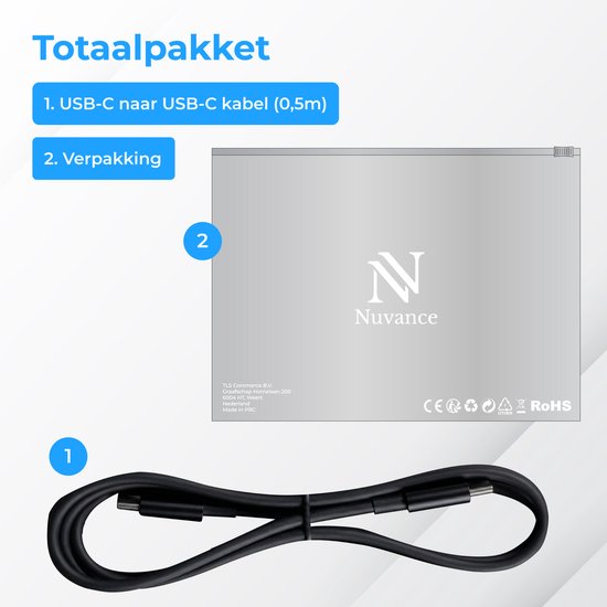 Nuvance USB-C-Kabel – 100 W – USB-C auf USB-C – 0,5 Meter – USB-C-Kabel – Schnellladegerät – 480 Mb/ps Datenübertragung – USB-C-Ladegerät – Schwarz