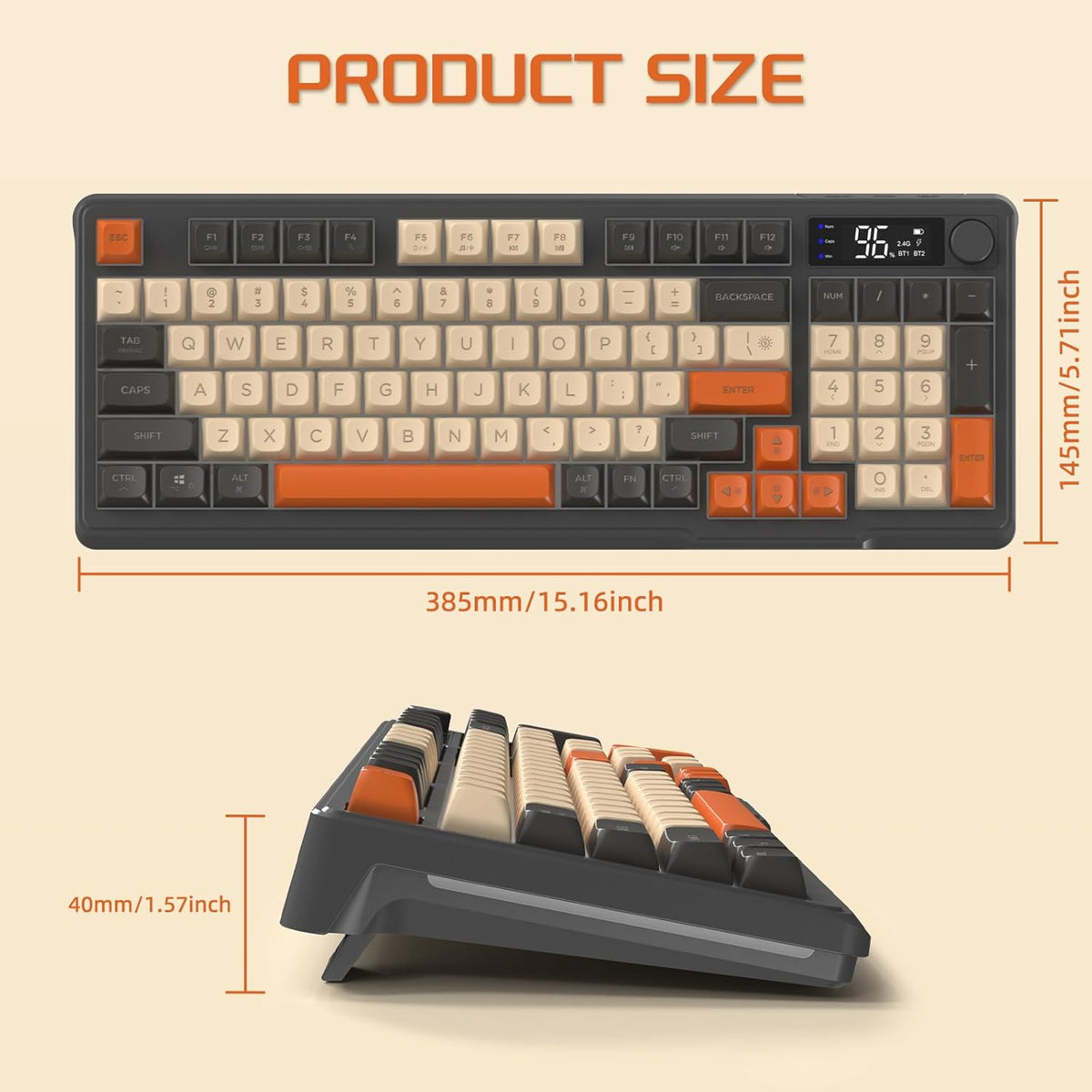 FREEWOLF M96 Wireless Gaming Keyboard, Tastensteuerung Bluetooth/2.4G Wireless Mechanical Feel Keyboard, RGB LED-Hintergrundbeleuchtung mit Display, PBT Keycap, 3000mAh, US Layout für Win/Mac Flickering