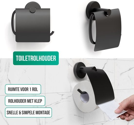 Avalo Toilettenzubehör Set Schwarz 4-teilig - Luxus-Toilettengarnitur - Toilettenbürste mit Halter / Toilettenpapierhalter / Ersatzpapierhalter / Handtuchhaken - inkl. Befestigungsmaterial
