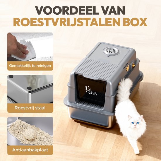 Petsy® – Premium-Katzenklo aus Edelstahl Pro – XXL – inkl. Geruchsneutralisator – inkl. Katzenschaufel, Streuauffangbehälter und Auslaufmatte – für große und kleine Katzen – 37 l Fassungsvermögen – groß –