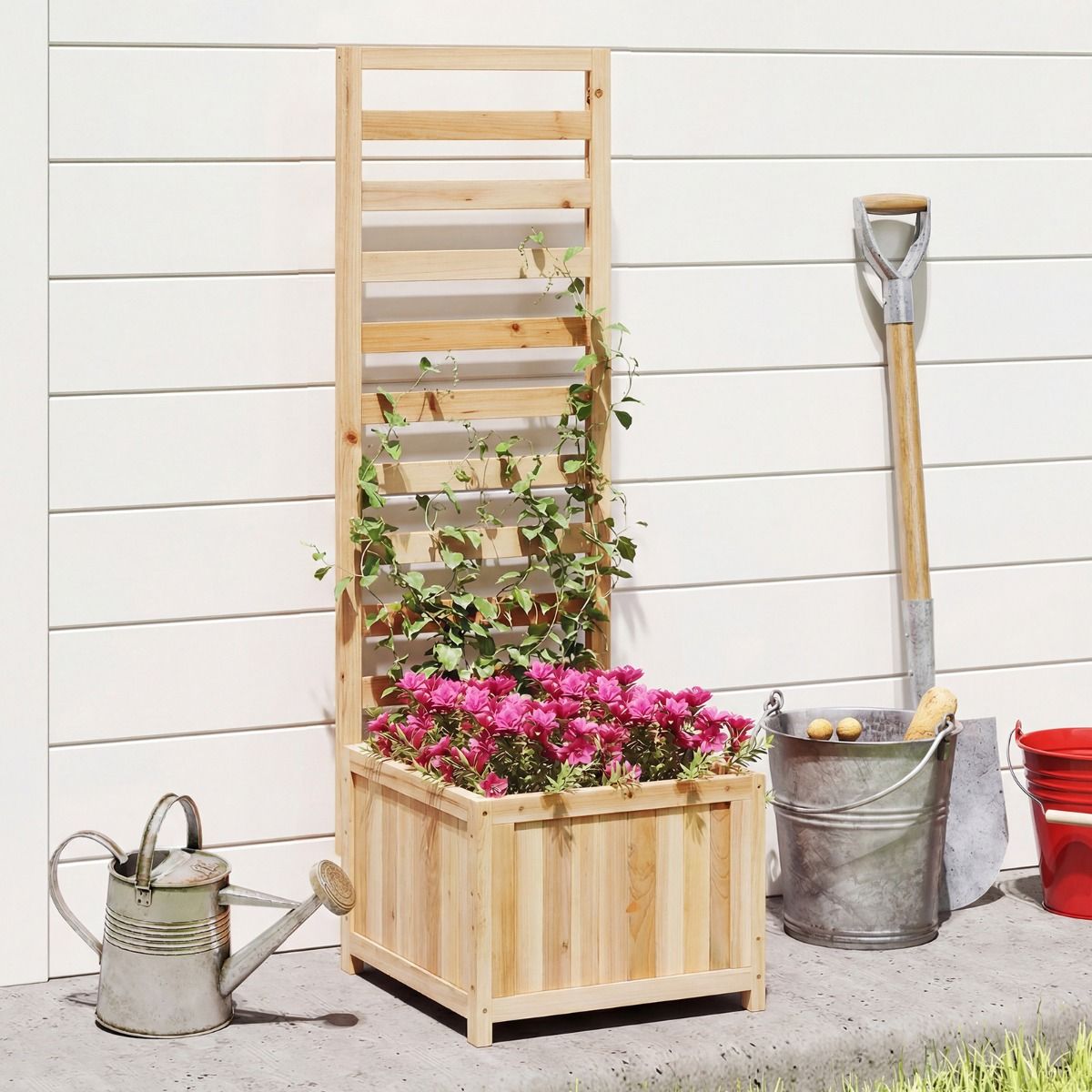 Coast Hochbeet aus Holz mit Klettergitter – mit Abflusslöchern – verstellbare Seitenteile – naturfarben – 123 cm