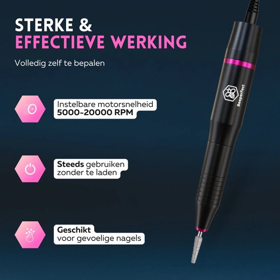 Beeperfect® Elektrische Nagelfeile - Nagelfräse - Maniküre- und Pediküreset - 12 Bits und 60 Schleifrollen - 4 Extra-Zubehör - Schwarz