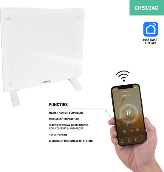 VONROC Luxury electric heater - Mit Glasscheibe - 500W/1000W - Beheizt Räume bis zu 12m2 - Gesteuert sowohl mit App (über Wifi) als auch manuell - Thermostat und Timer - Weiß