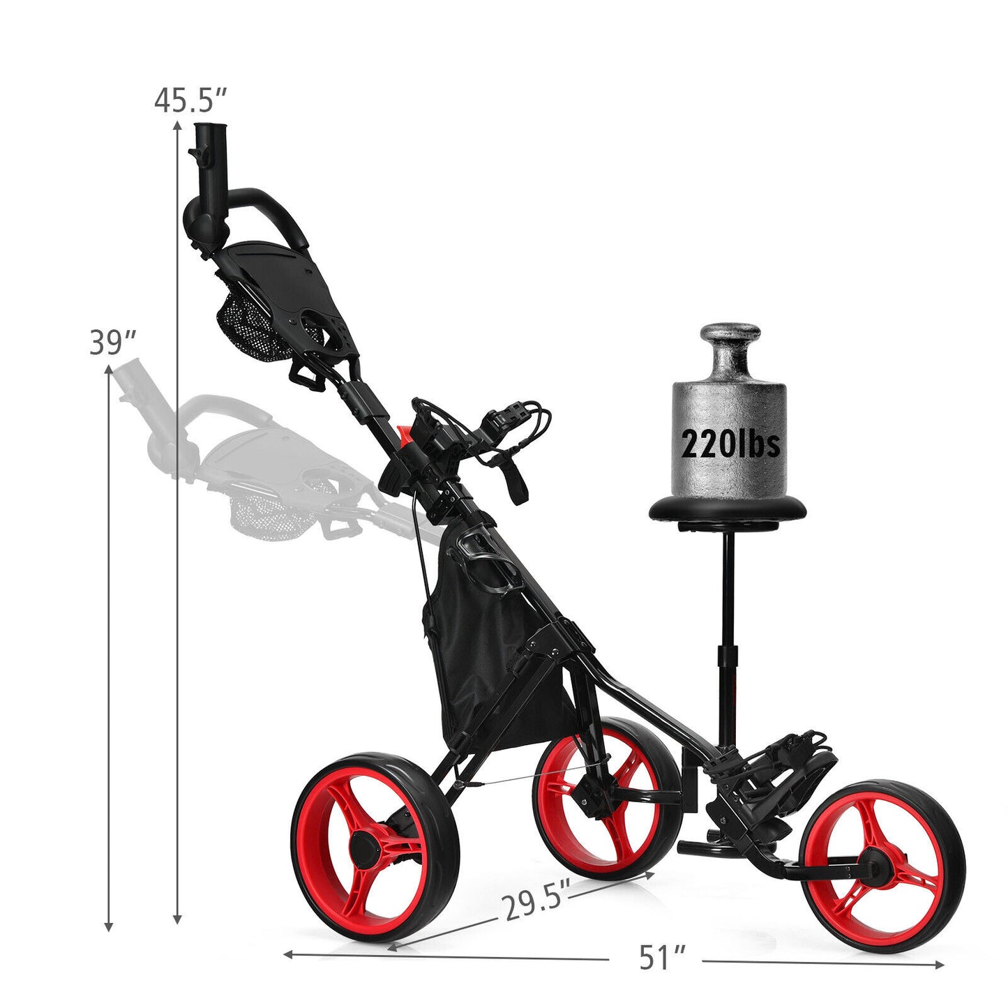 Coast 3-Rad Golf Kart Einstellbares Licht Golf Kart 129,5 x 75 x 101,5-119,5 cm rot + schwarz