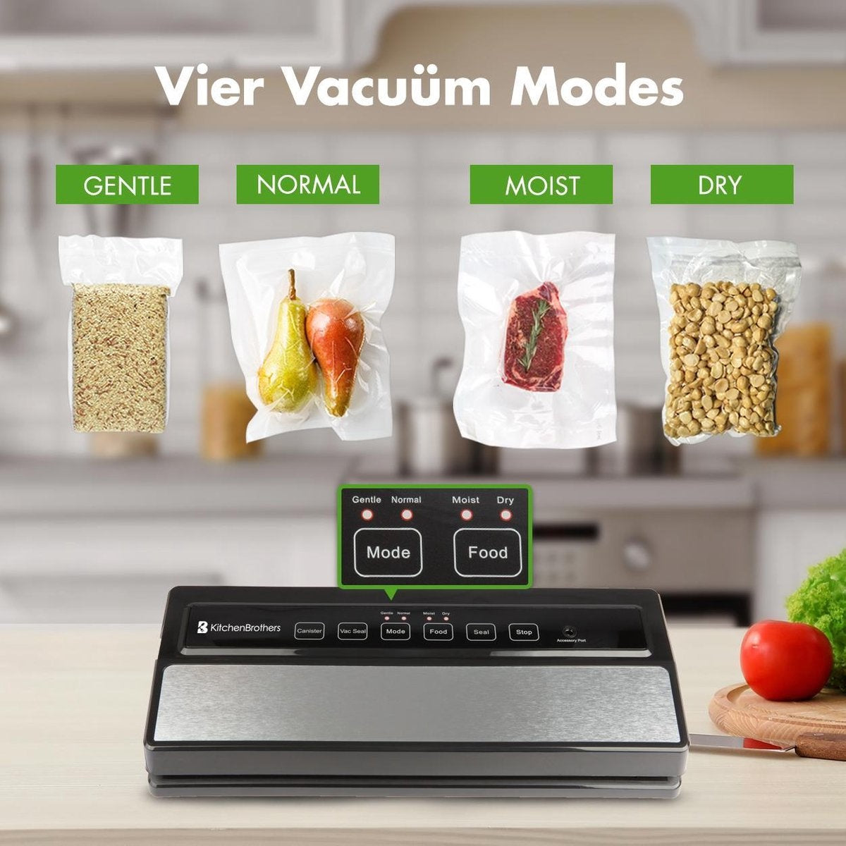 KitchenBrothers Vakuumierer - 4 Einstellungen - Inkl. Folienrolle, Vakuumbeutel und Vakuumschlauch