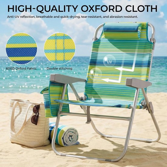 Luxuriöses Strandstuhl-Set (2er-Set) – Verstellbar (5 Positionen) – Zusammenklappbar mit Rucksackgurten, Kühltasche und Handtuchhalter – Grün/Blau gestreift