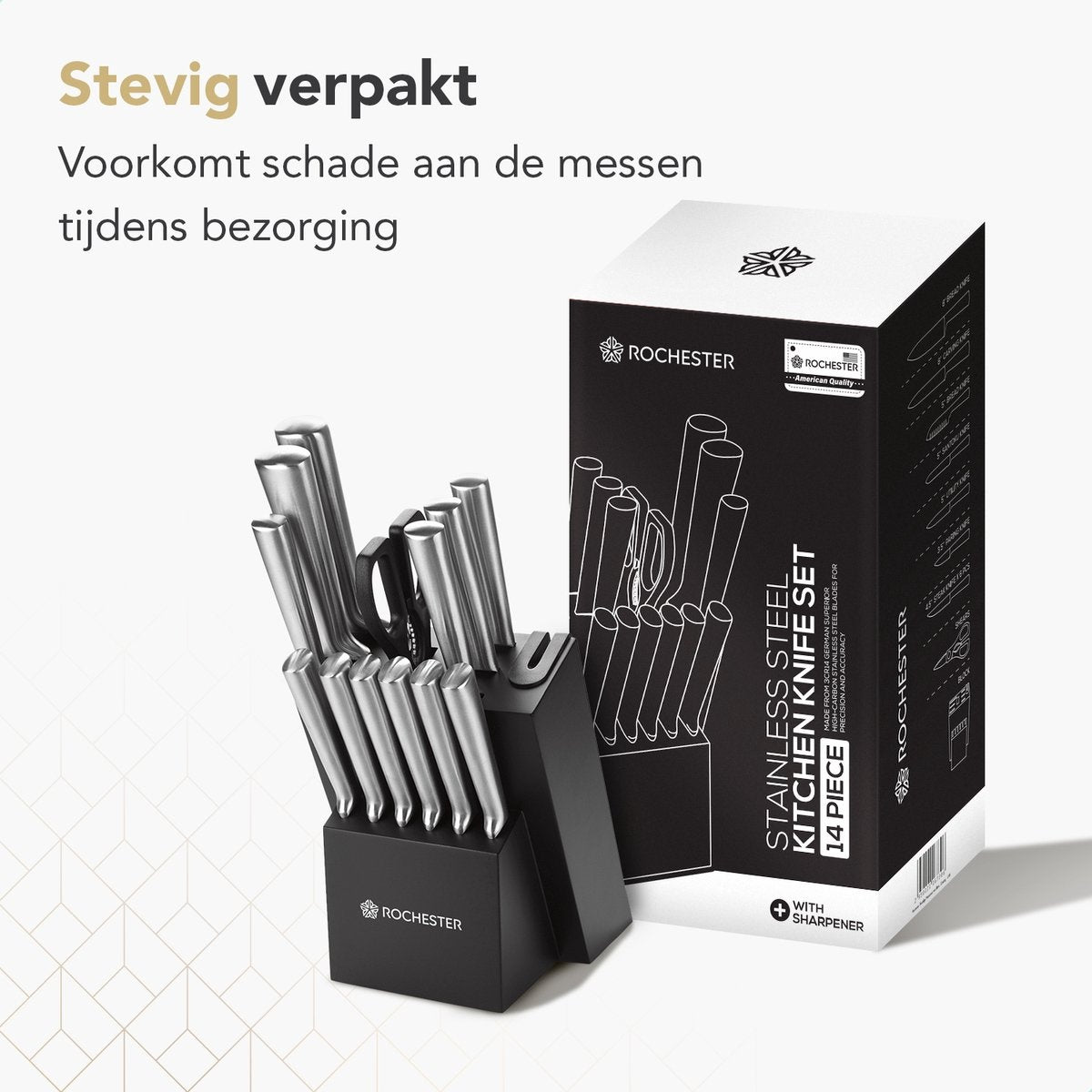 Rochester 14-teiliges Messerset mit Block und Messerschärfer - Küchenmesser mit Messerblock - Rostfreier Stahl - Kratzfeste Beschichtung