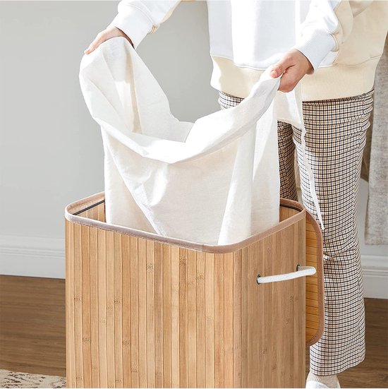 Songmics XL 72 Liter – Großer, zusammenklappbarer Wäschekorb – Bambus – waschbares Innenfutter – 40 x 30 x 60 cm