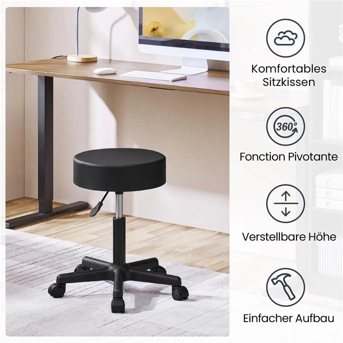 Yaheetech höhenverstellbarer Barhocker - Ausgestattet mit 10 cm dickem Sitzkissen und 360° drehbar und Sternfuß mit Rädern - Für Büro Studio und Kücheninsel - Schwarzes Leder und Metall - 50 x 50 x 46 - 61,5 cm