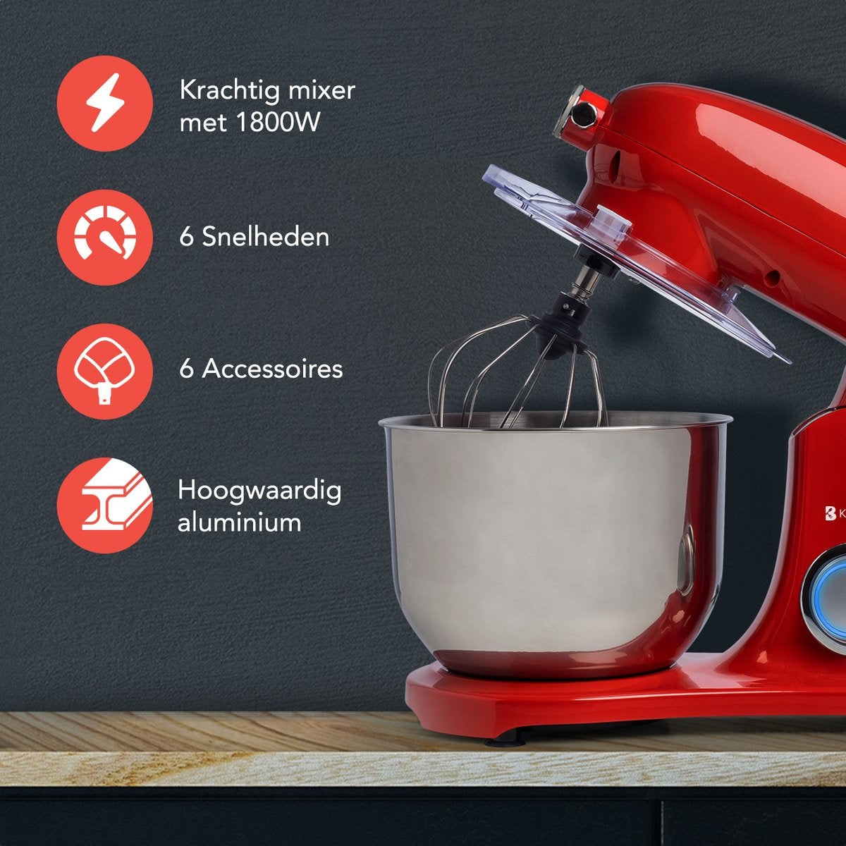 KitchenBrothers Küchenmaschine - Küchenroboter - 6L Rührschüssel - 1800W - Aluminium - Rot