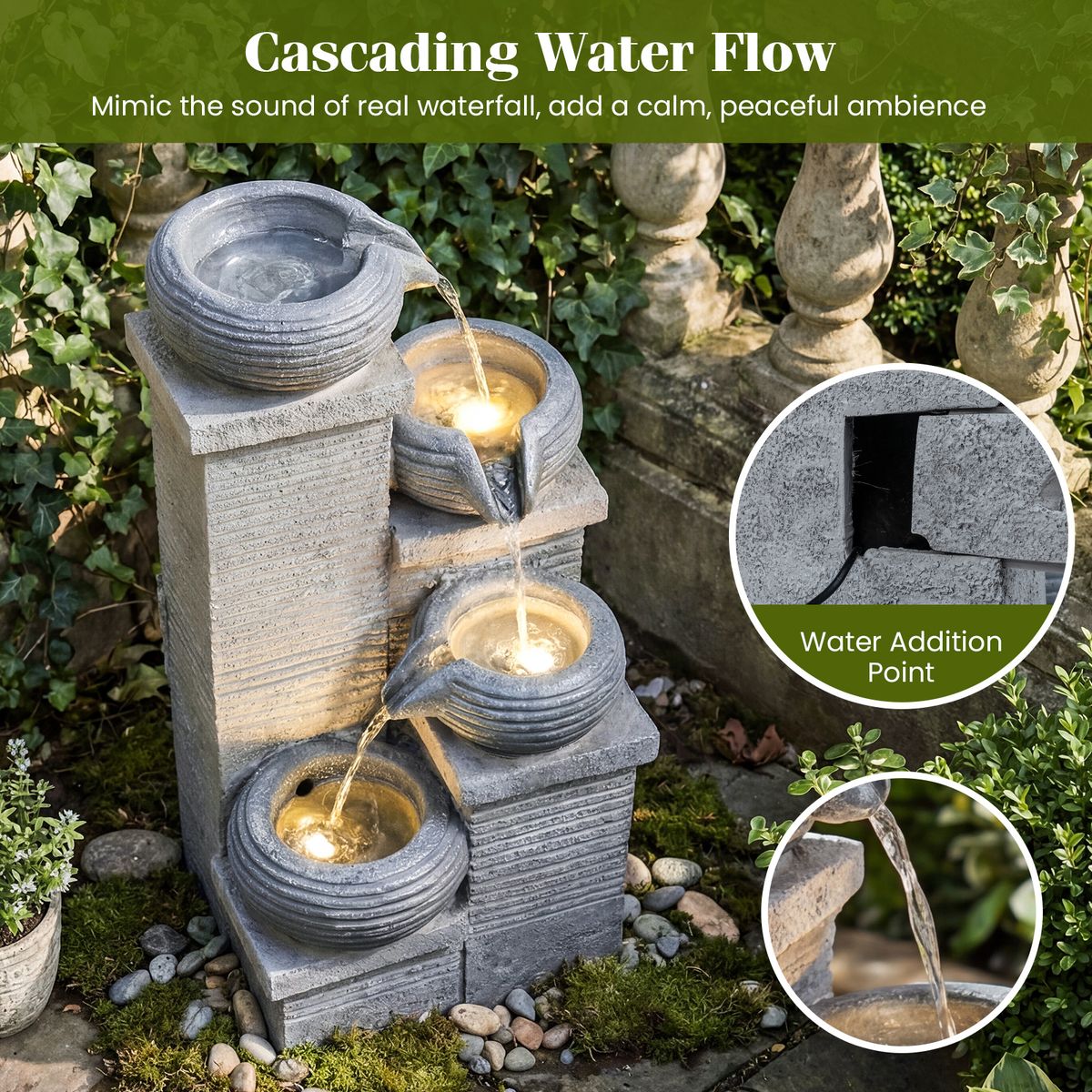 Coast Gartenbrunnen mit LED-Beleuchtung – Vierstufiger Wasserfall – Kunstharz und Glasfaser – Grau 28 x 22 x 58 cm