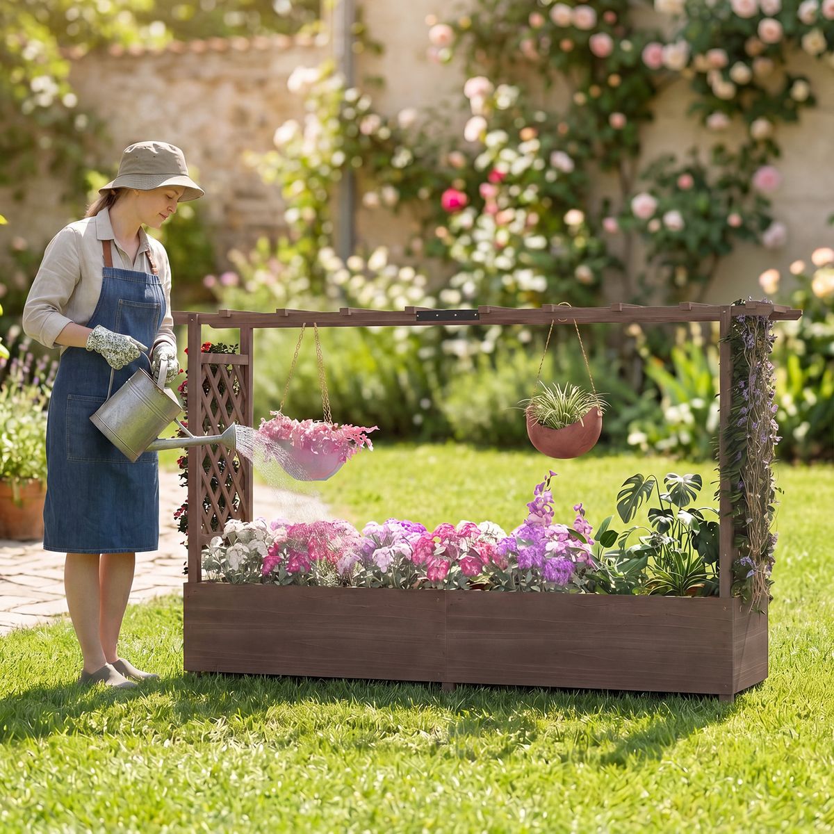 Coast Blumenkasten mit Klettergerüst – hängendes Dach – massives Kiefernholz – braun – 200 x 44 x 114 cm