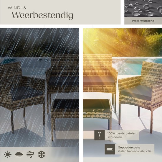 tectake® - Geflecht-Gartenset Palese - Sitzgruppe für 4 Personen - Gartenmöbelset mit Loungebank, Gartentisch und 2 Gartenstühlen inklusive Sitzkissen - Gartenmöbel - Wasserfest - Grau