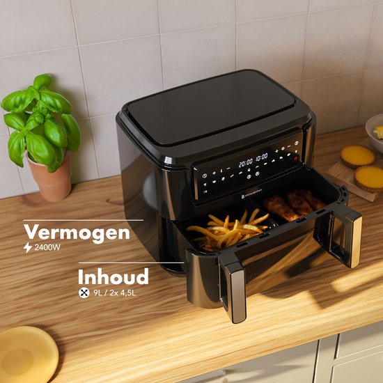 KitchenBrothers Airfryer XXL Dual Zone - 9L - 2400W - Heißluftfritteuse - Snack-Teiler - 50ºC bis 200ºC - 10 Kochprogramme - Schwarz