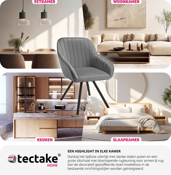 tectake - Esszimmerdrehstuhl mit Armlehnen - Ergonomischer Schalensessel mit Samtpolsterung - Gepolstert - Drehstuhl für Wohnzimmer, Esstisch, Arbeitszimmer, Frisiertisch und Küche - Grau