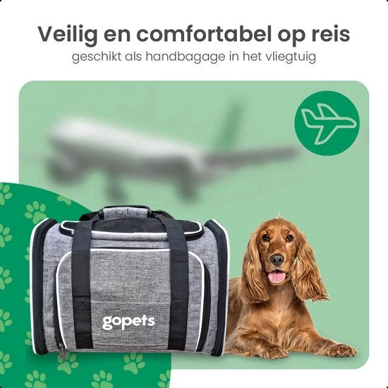 Gopets Tragetasche Hund und Katze - Hundetasche - Reisetasche - Katzentasche - Geeignet für Flugzeuge - Bis zu 9,5 kg - Grau - 46 x 28 x 28 cm - L
