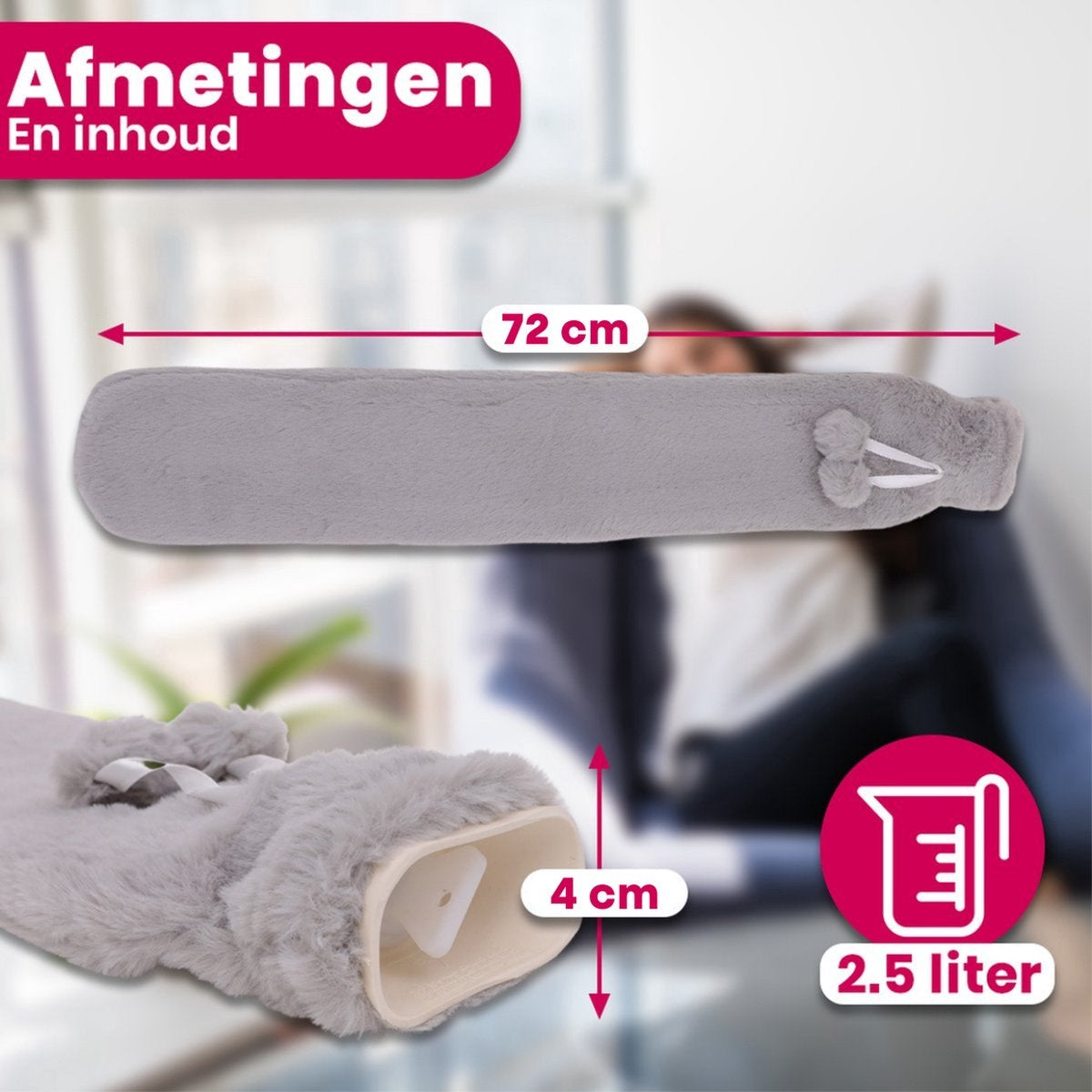 Aerend Wärmekissen - Extra lange Kanne mit Ã„rmel - Heißwasserkanne mit Vliesbezug - 2,5 Liter - lindert Nacken-, Schulter- und Bauchschmerzen - Grau