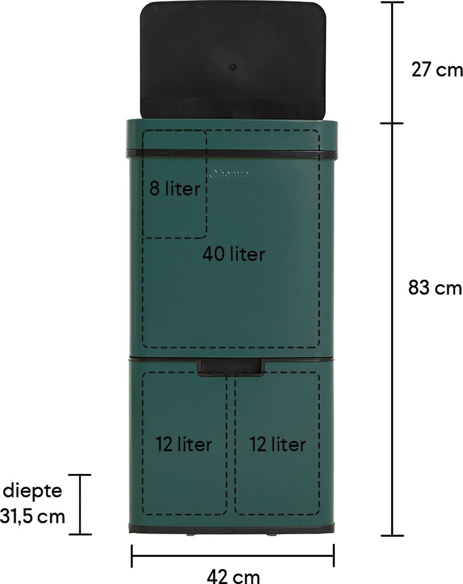 Homra NEXO Mülltrenner 3 Fächer - 72 Liter (2x12 + 48 L) mit Infrarotsensor - Edelstahl - Grün