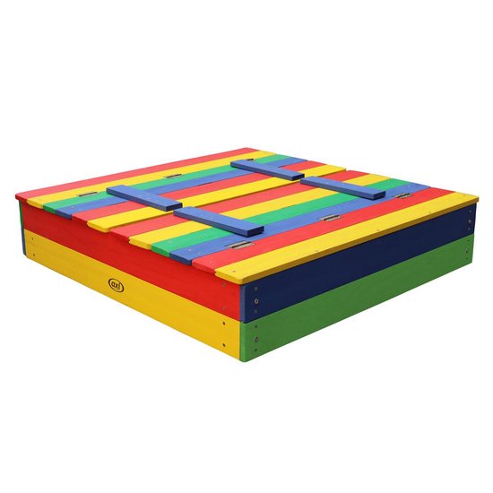 AXI Ella Holzsandkasten in Regenbogenfarben – Mit Sitzbänken und Deckel – FSC-Holz – 100 x 95 x 20 cm – Sandkasten für Kinder