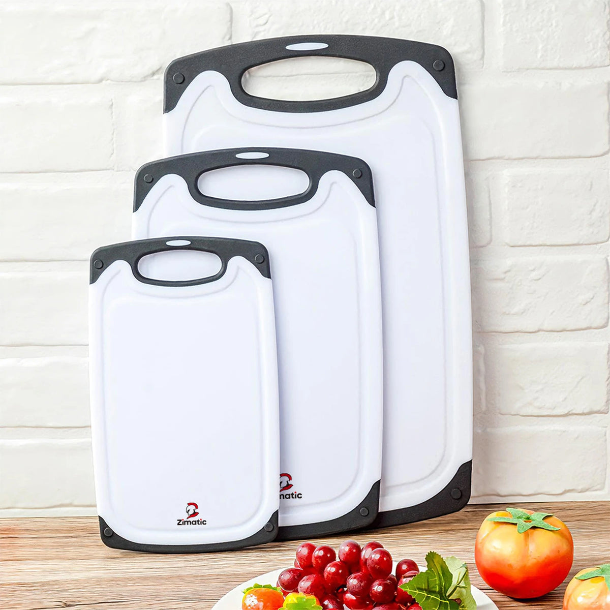 Zimatic Schneidebrett-Set, 3-teilig – Weiß/Schwarz – BPA-frei, rutschfester Griff