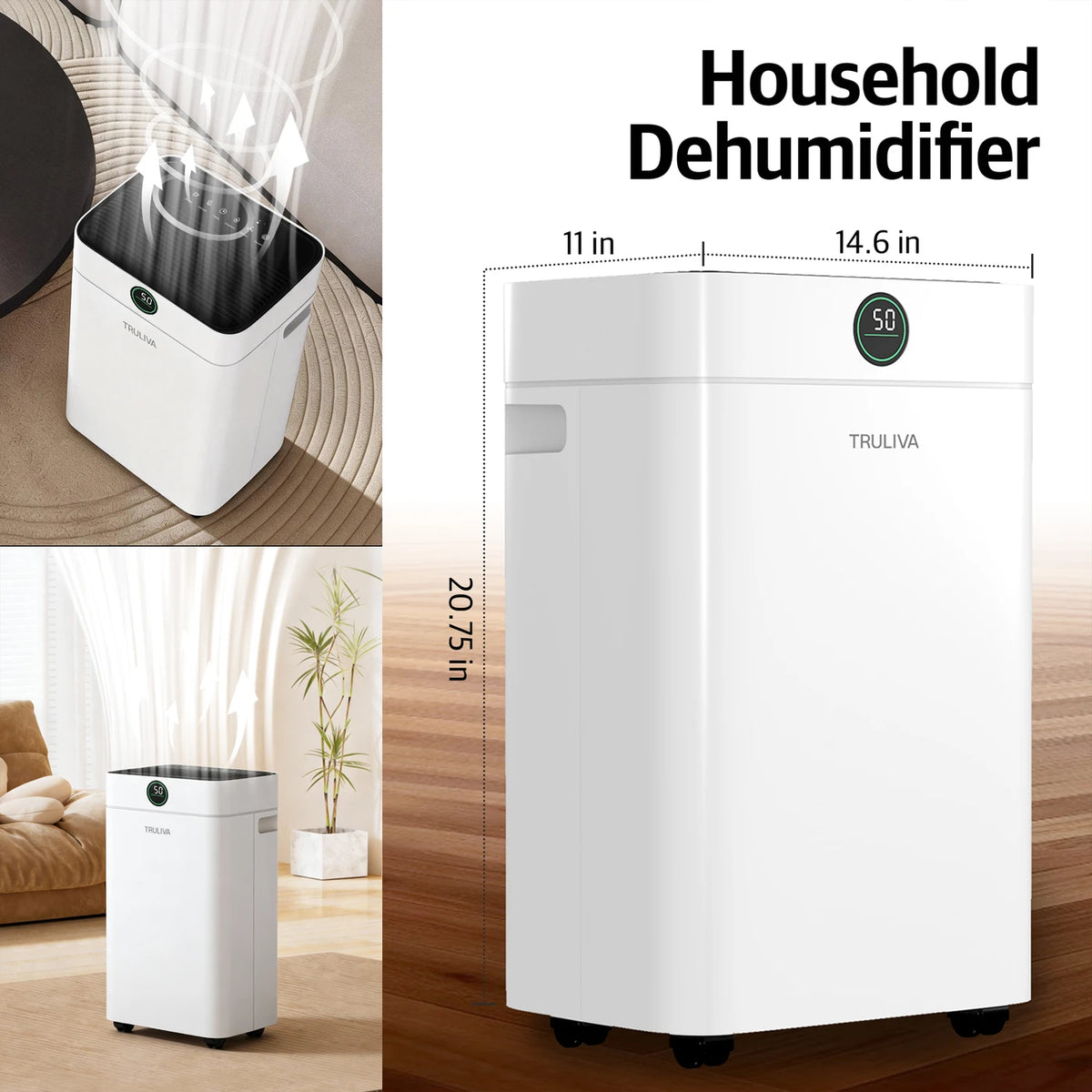 Truliva Luftentfeuchter 25 l/Tag – Wäschetrocknungsfunktion – Auto-Defrost – R290 – 2,8-Liter-Wassertank – 32 x 28 x 52,7 cm