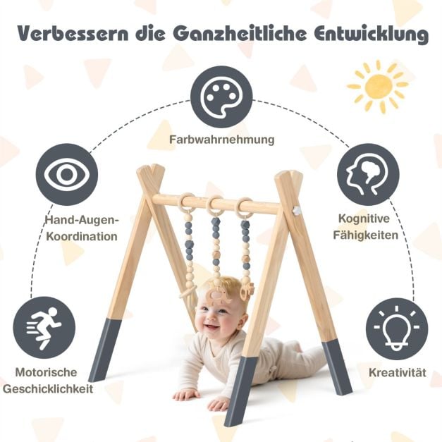 Coast Baby-Klettergerüst aus Holz – 3 Hängespielzeuge – 60 x 44 x 60 cm – Grün, Grau und Rosa