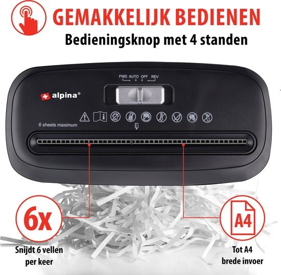alpina - Aktenvernichter für 6 Blatt und Kreditkarten - 10L Abfallbehälter - Überhitzungsschutz - Schwarz