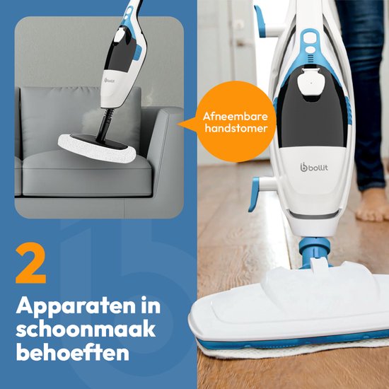 BOLLIT 16 in 1 Dampfreiniger 1500W - Händetrockner - Teppichreiniger - Fleckenreiniger - Dampfreiniger - Handdampfreiniger - Bodenreiniger - Dampfmopp - Dampfmopp - Boden-, Sofa-, Bad- und Teppichreinigung