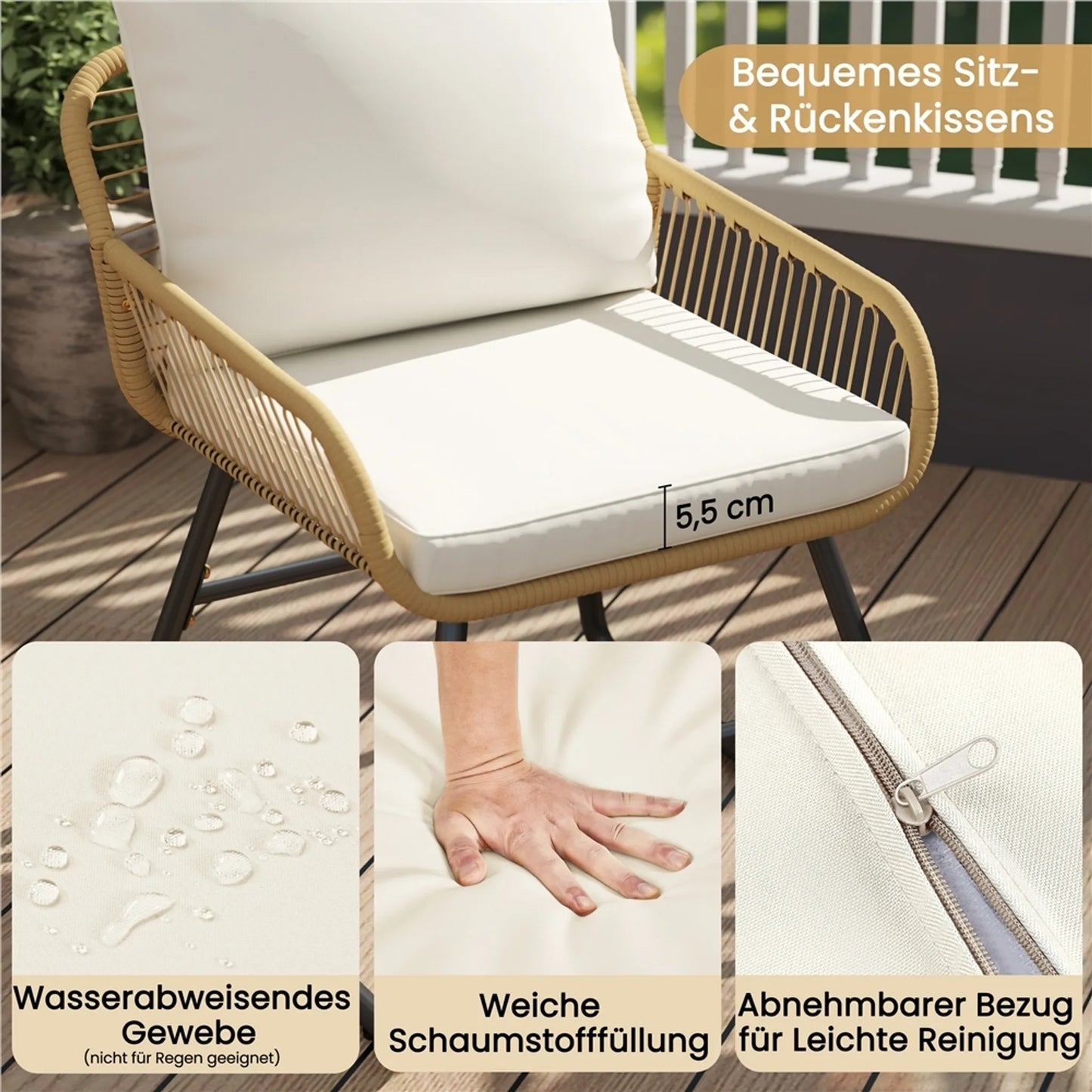 Yaheetech Bistro Set Garten Set 3-tlg. - 61 x 65 x 76 cm - Mit handgeflochtenem PE-Rattan und Glastischplatte sowie Sitz und Dekokissen - Für Balkon und Terrasse - Hellbraun und Metall