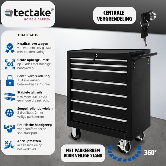 tectake - Werkzeugwagen mit 7 Schubladen - schwarz - 402800