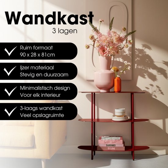 Mica Decorations Wandregal – Aufbewahrungsregal und Metall-Wandregal zur Dekoration im Wohnzimmer – Geeignet für Pflanzen und Accessoires – Stabiles Regal aus Eisen – 90 x 28 x 81 cm – Rot