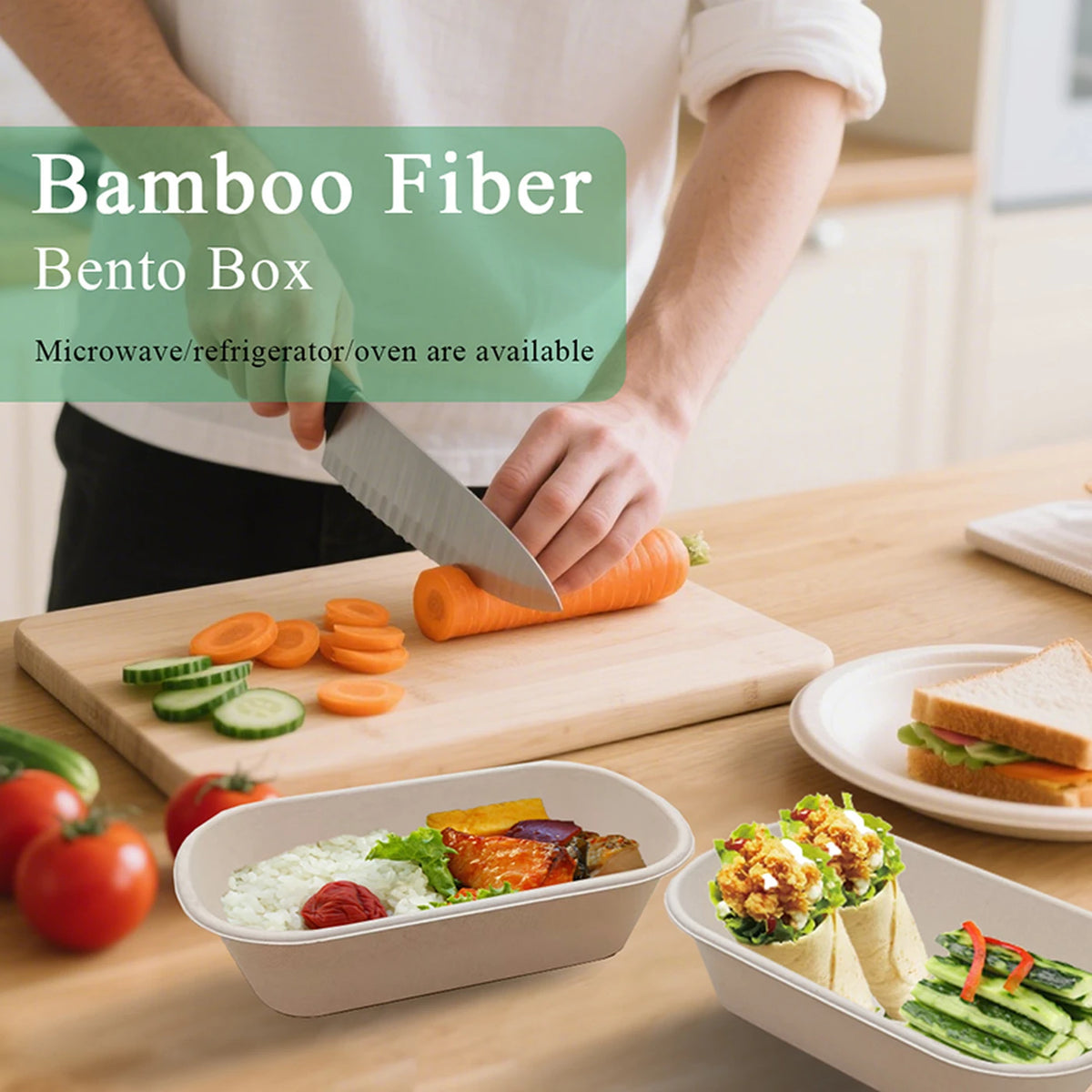 Rui Bamboo Bento-Box 36 oz – Einweg-Lunchbox aus Bambusfasern – 50 Stück – Leicht und praktisch zum Mitnehmen