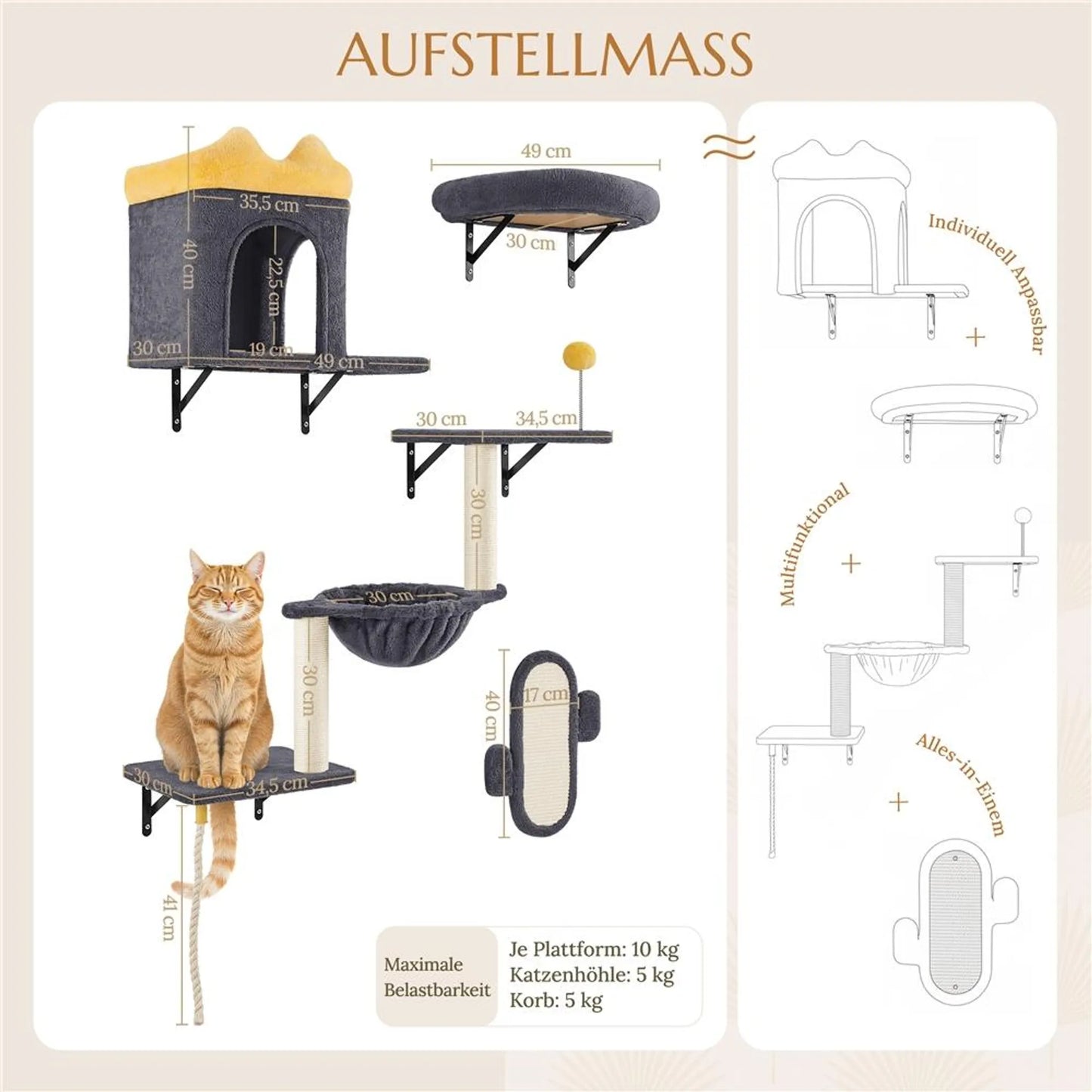 Yaheetech Wandmontiertes Katzenmöbel-Set - 49 x 30 x 40 cm - ausgestattet mit Katzenhöhle und Liegekorb und Sisalkratzpfosten und mehreren Plattformen - für 1-5 Katzen - dunkelgrauer Plüsch und Metall