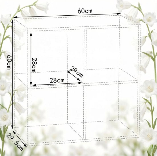 FloraGrace Bücherregal – Offenes Regal mit 4 Fächern – 59,6 x 59,8 x 29,5 cm – Holz – Weiß – Standregal für Wohnzimmer oder Büro