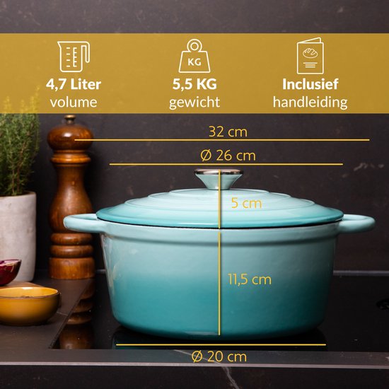 Chefarone Gusseisenpfanne 4,7 l – PFAS-frei – Bratpfanne inklusive Deckel – Für alle Herdarten geeignet – Blau emailliert