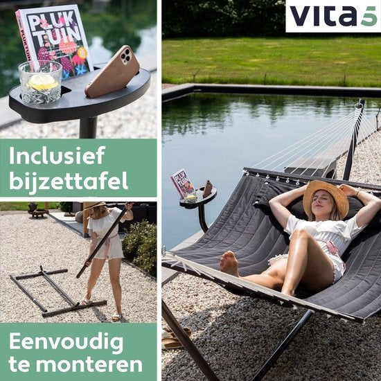 Vita5 Hängematte mit Ständer und Spreizstange - 2 Personen - inkl. Getränkehalter - abnehmbares Kissen - UV-beständig - Schwarz