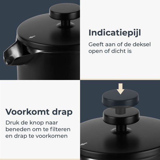 Castagnola Cafetière - Doppelwandige Kaffeemaschine - French Press - Edelstahl - 1 Liter - Schwarz