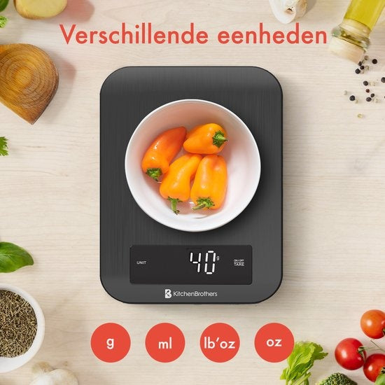 KitchenBrothers Küchenwaage - Küchenwaage - Digital - 1g bis 10kg - Batterien enthalten - Edelstahl/Gunmetal Schwarz