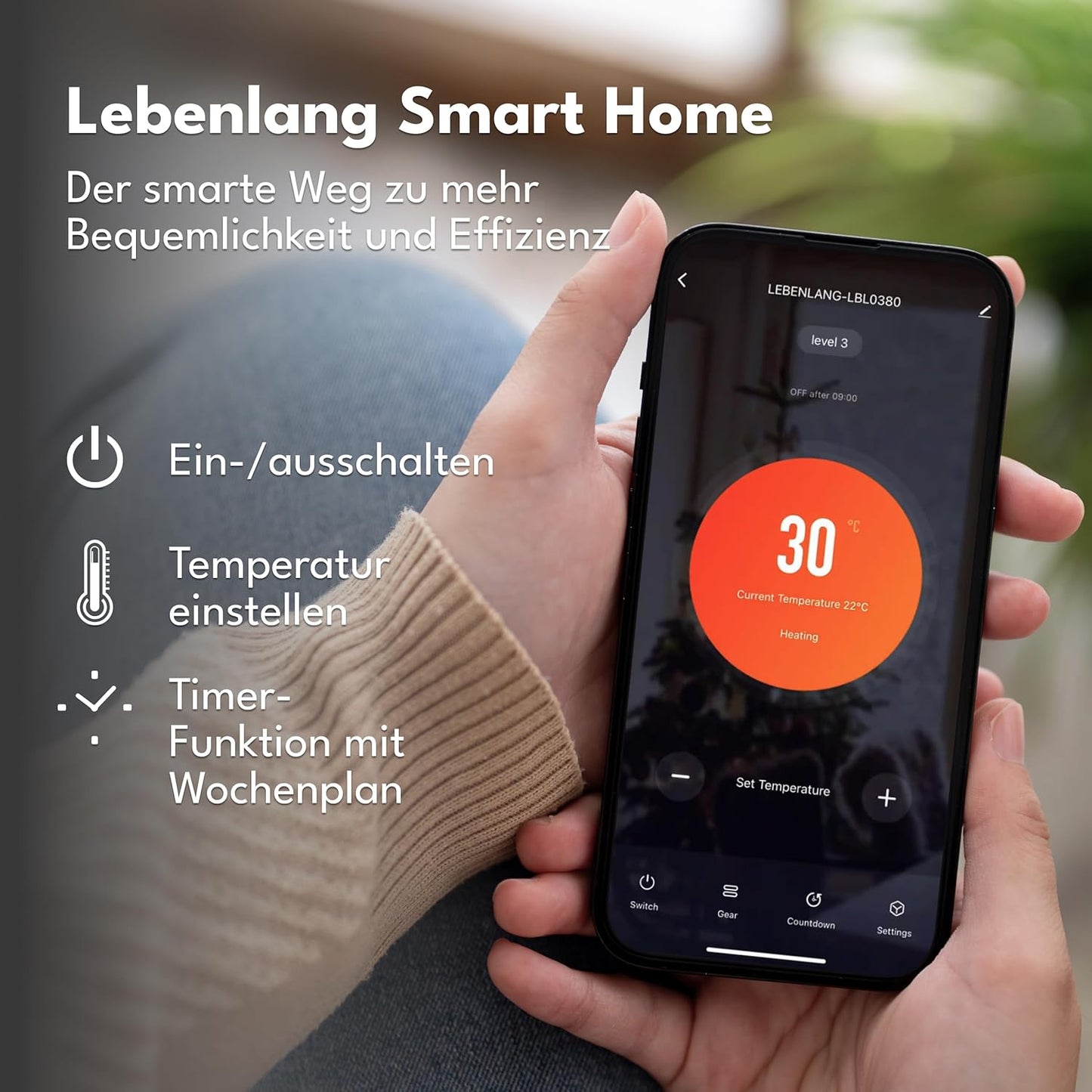 LEBENLANG Elektroheizgerät - 2000W - Wifi und App-Steuerung - Fernbedienung - 88 x 5 x 49 cm - Weiß