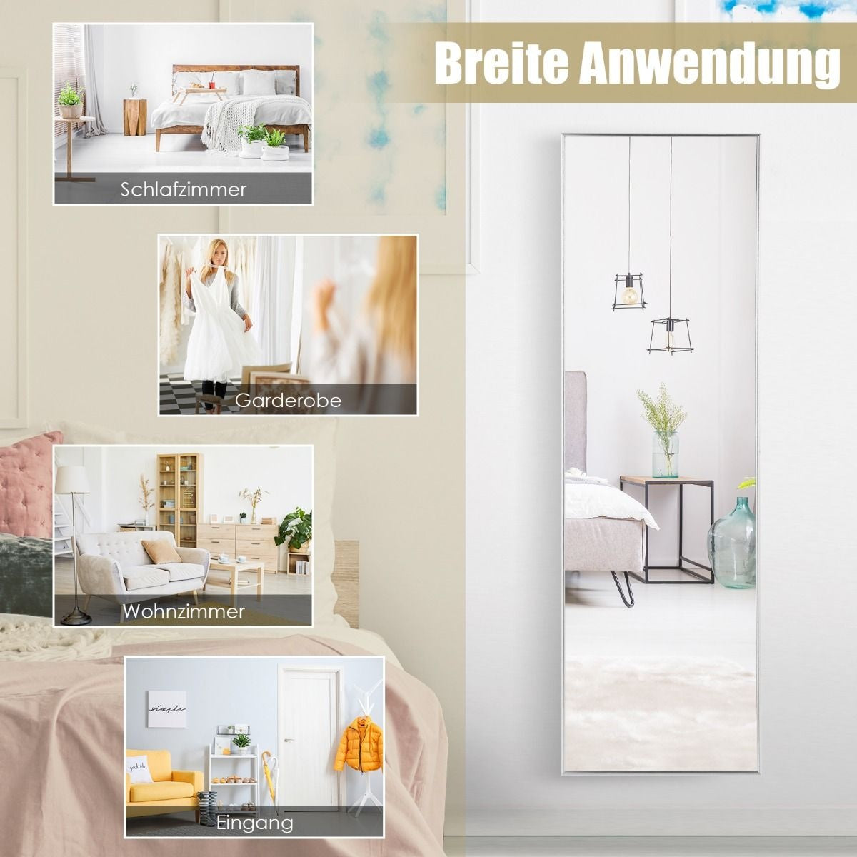 Coast 37 x 120 cm Ganzkörperspiegel mit höhenverstellbaren Hängehaken Wandspiegel silber