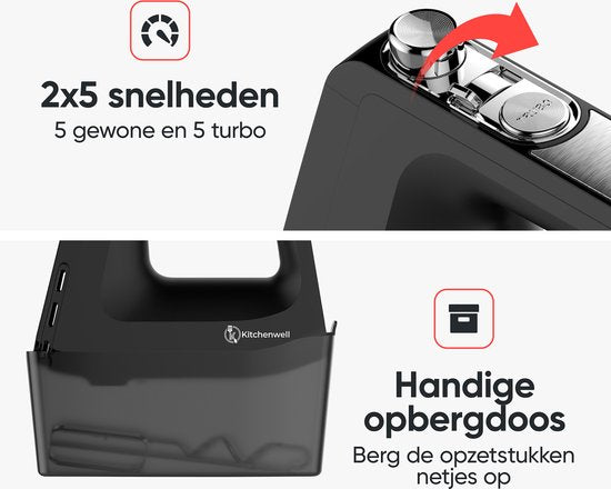 Kitchenwell - Handrührgerät - 10 Geschwindigkeitsstufen mit Turbofunktion - Knethaken und Rührbesen - Aufbewahrungshalter - schwarz