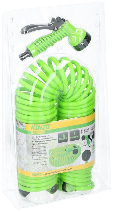 Kinzo Flexibler Gartenschlauch 15 Meter - Inkl. Düse und Schnellkupplung - 7 Sprühfunktionen - Spiralschlauch - UV-beständig - PVC - Grün